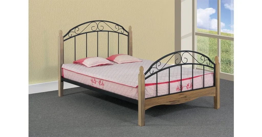 Elegant Metal Bed with Pinewood Pillar Posts - Contemporary Design