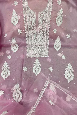 Elegant Pink Chikankari Organza Suit: Hand Embroidered Luxury