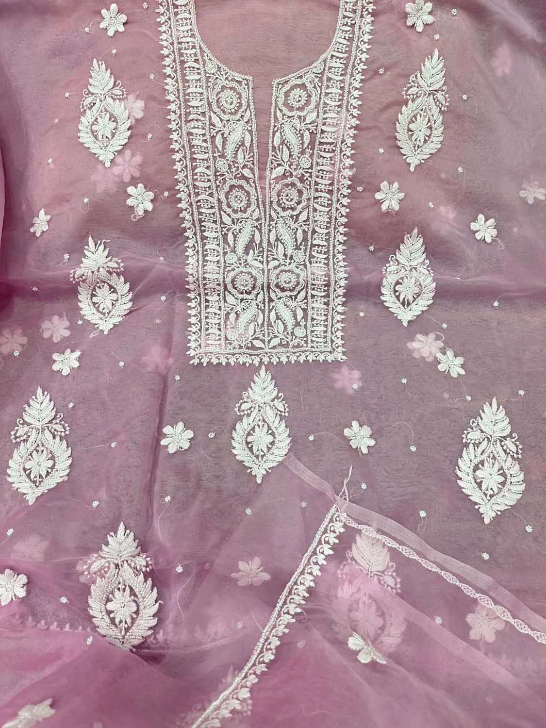 Elegant Pink Chikankari Organza Suit: Hand Embroidered Luxury