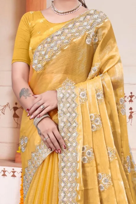 Embroidered Burberry Chiffon Yellow Saree