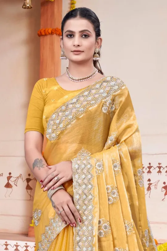 Embroidered Burberry Chiffon Yellow Saree