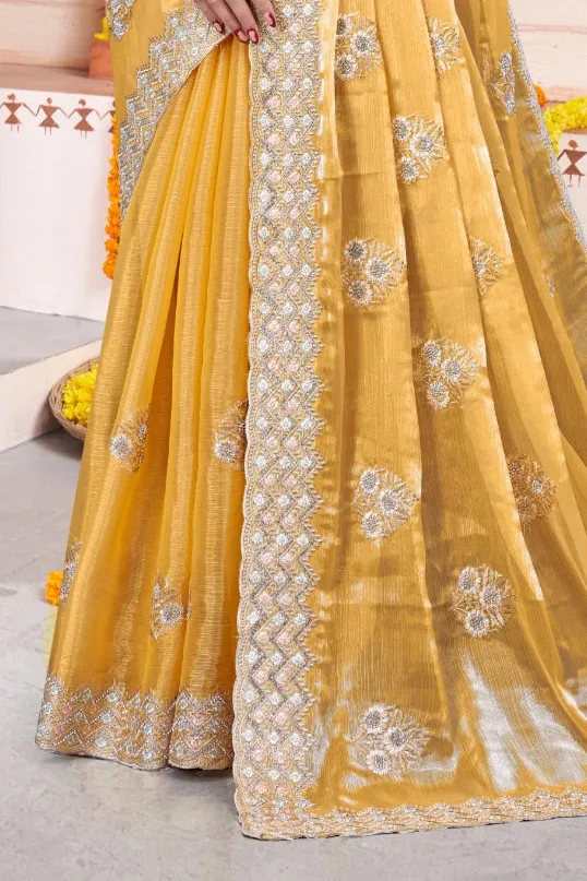 Embroidered Burberry Chiffon Yellow Saree