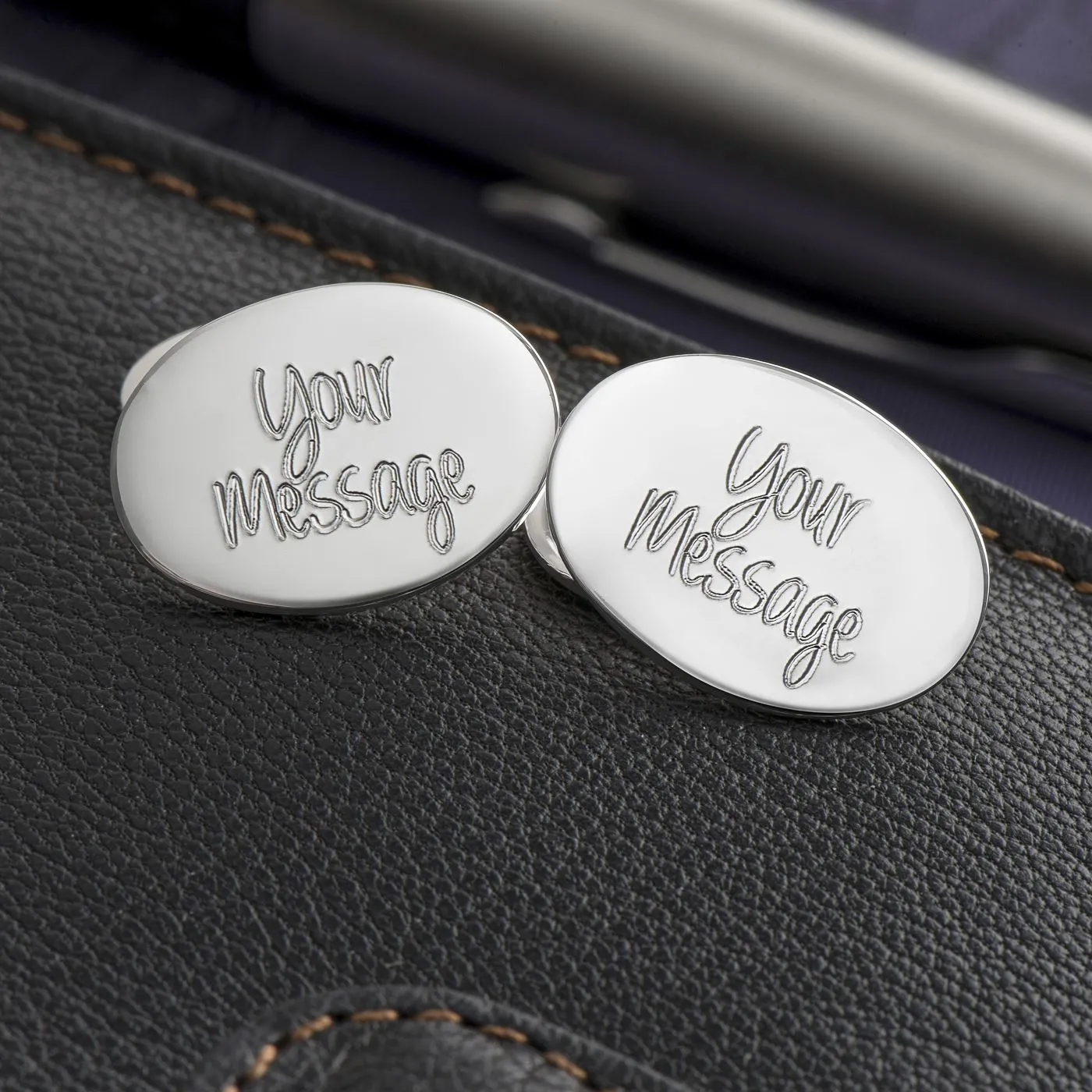 Engraved Cufflinks, Sterling Silver Oval Chain