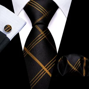 Espresso Brown and Black Jacquard Striped Tie, Pocket Square, and Cufflinks Set