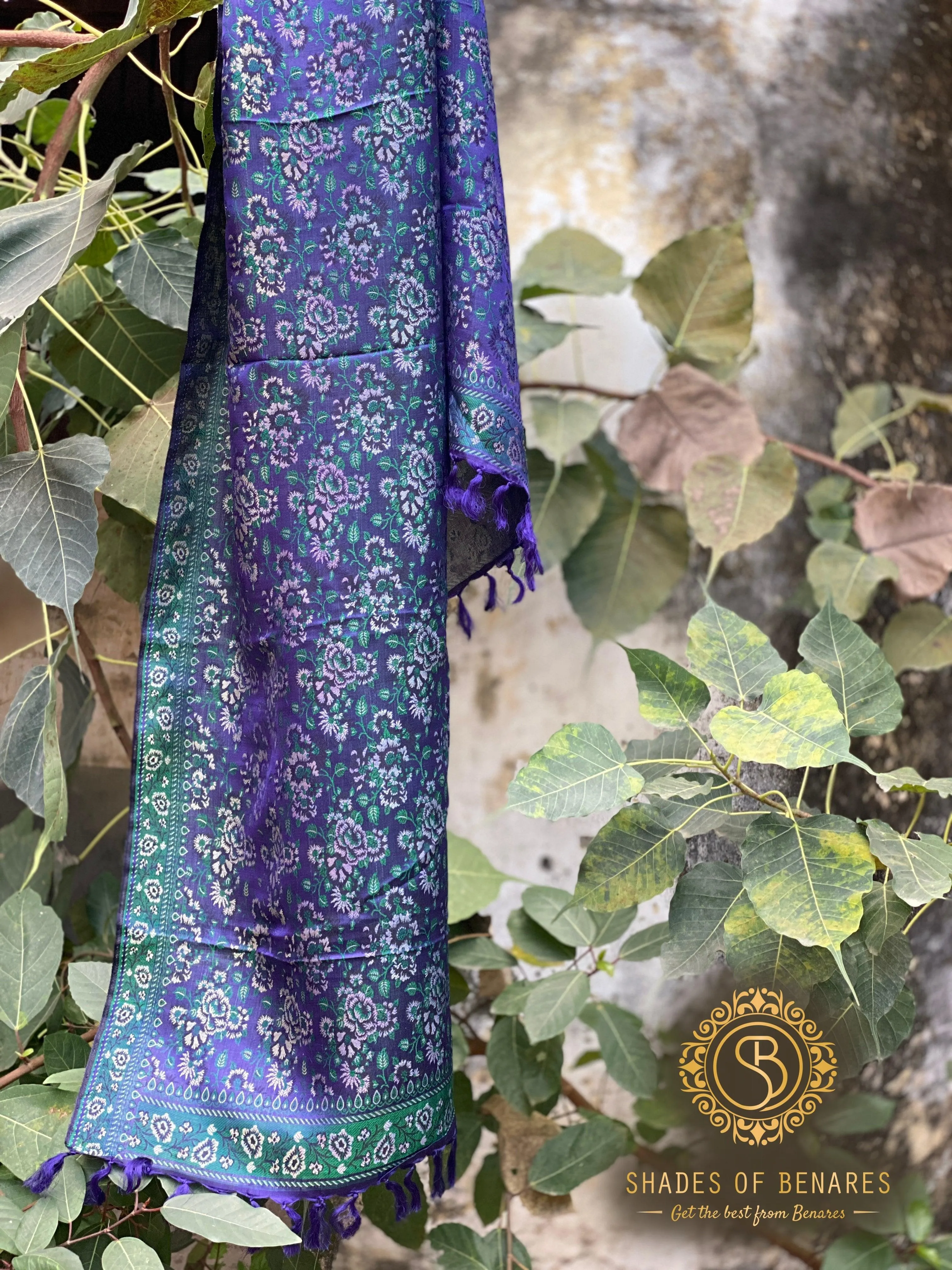 Exquisite Blue Pure Silk Handloom Printed Banarasi Scarf