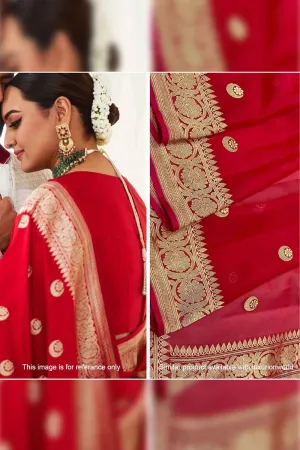 Exquisite Red Handloom Banarasi Pure Kora Silk Saree