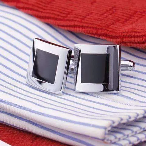 Formal Introduction Stainless Steel & Black Enamel Square Flip Cufflinks