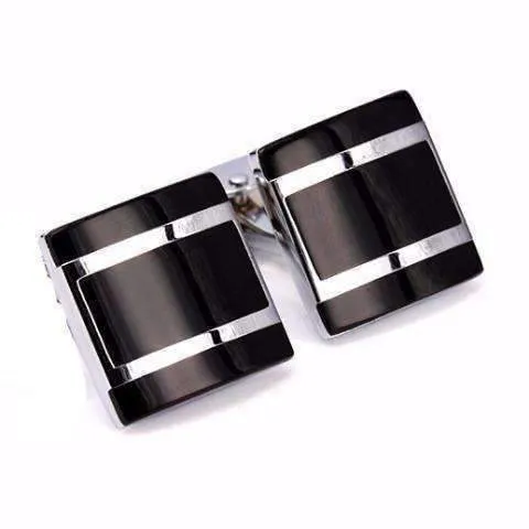 Formal Introduction Stainless Steel & Black Enamel Square Flip Cufflinks