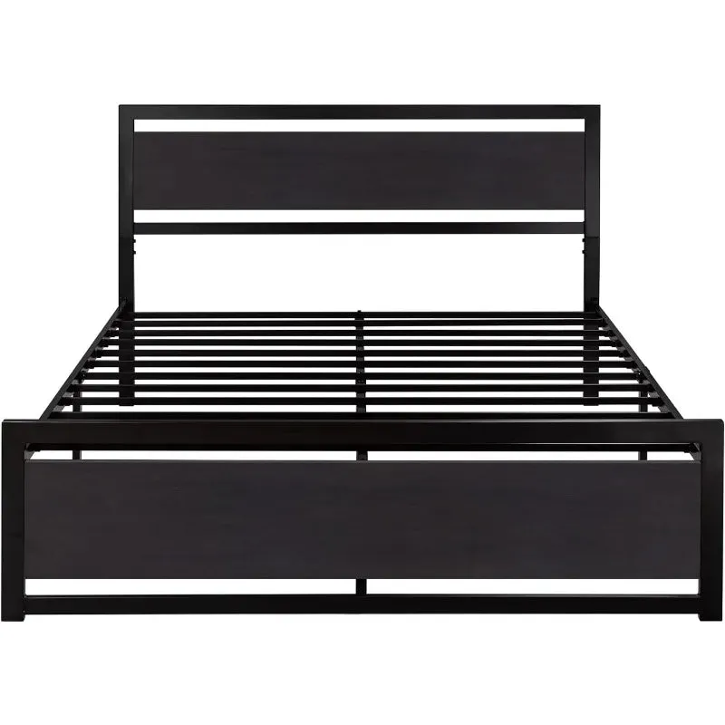 Full Size Bed Frame with Modern Wooden Headboard & Metal Platform Frame