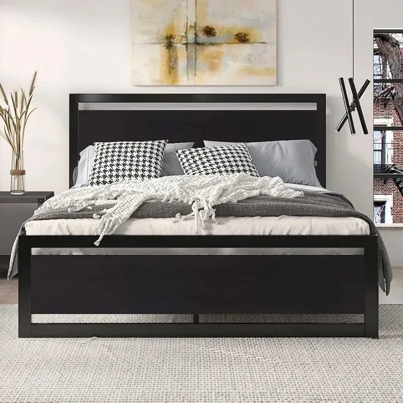 Full Size Bed Frame with Modern Wooden Headboard & Metal Platform Frame