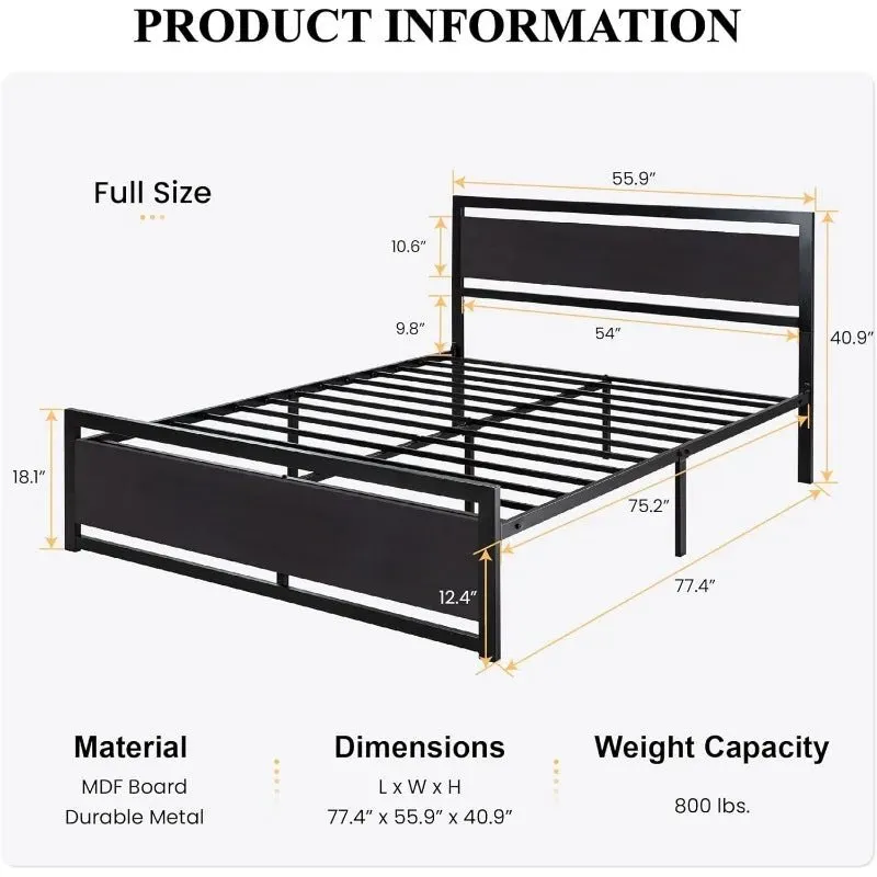 Full Size Bed Frame with Modern Wooden Headboard & Metal Platform Frame