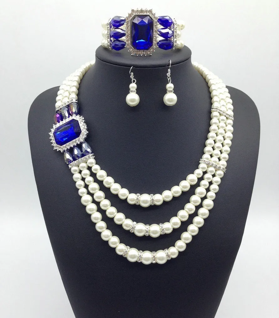 Gemstone Pearl Necklace Earrings Jewelry  Set