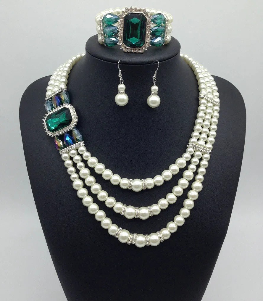 Gemstone Pearl Necklace Earrings Jewelry  Set