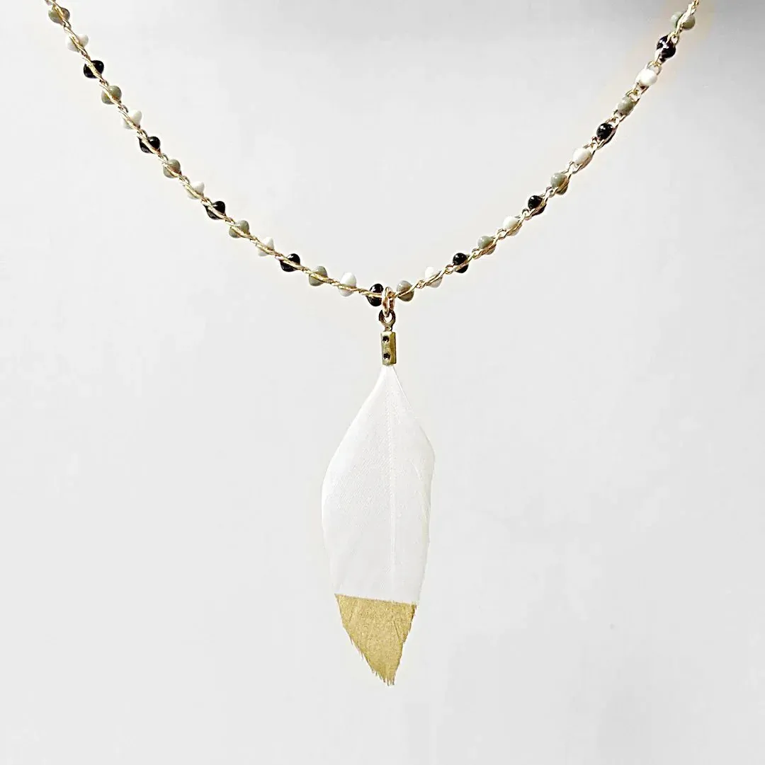 Gold Dipped Feather, Enamel Dot 14K Gold Filled Necklace