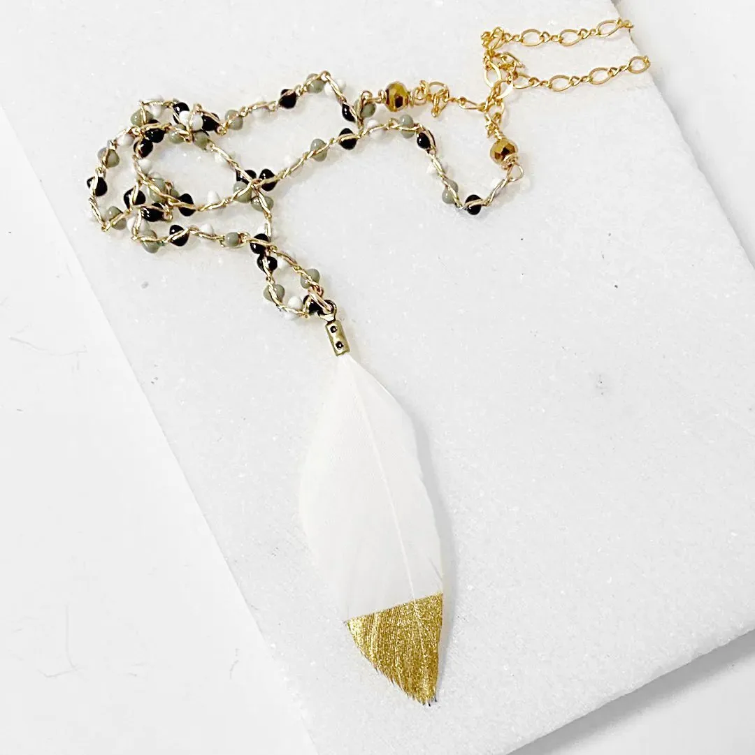 Gold Dipped Feather, Enamel Dot 14K Gold Filled Necklace