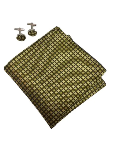 Gold Men's Tie, Pocket Square and Cufflinks with Black Diamond Design