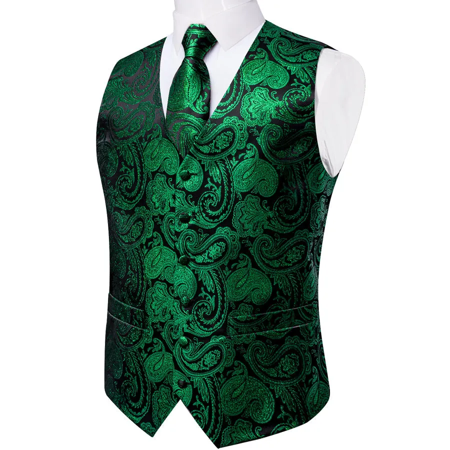 Jet Black & Emerald Green Paisley Silk Vest Set