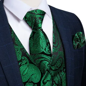 Jet Black & Emerald Green Paisley Silk Vest Set