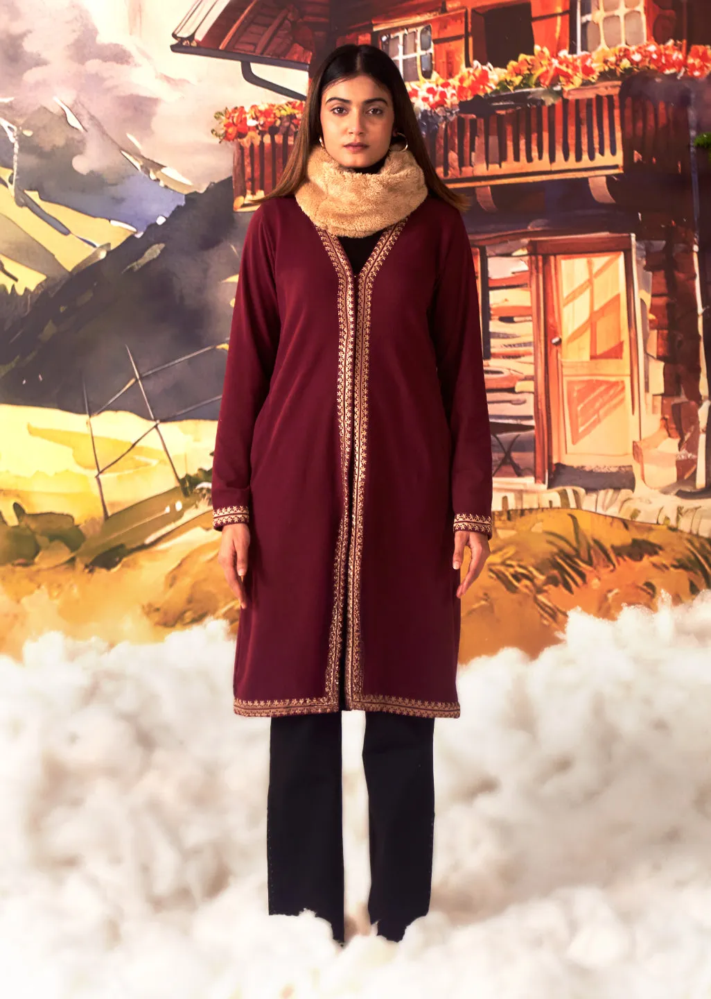 Jia Maroon Embroidered Brushed Wool Shrug for Women