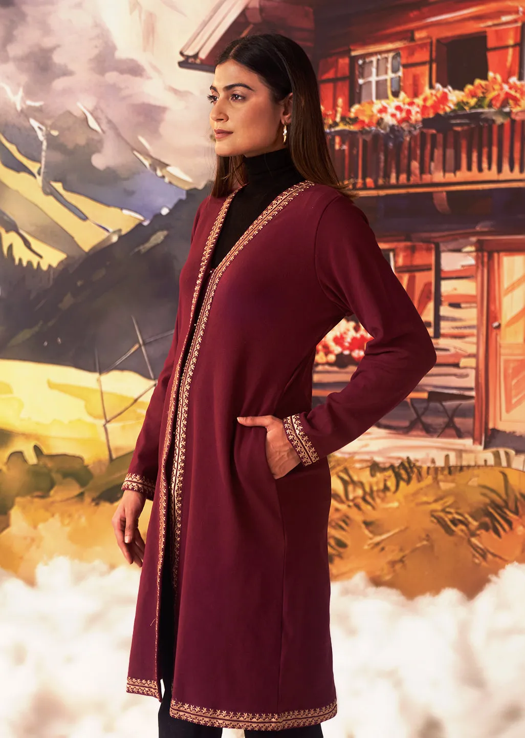 Jia Maroon Embroidered Brushed Wool Shrug for Women