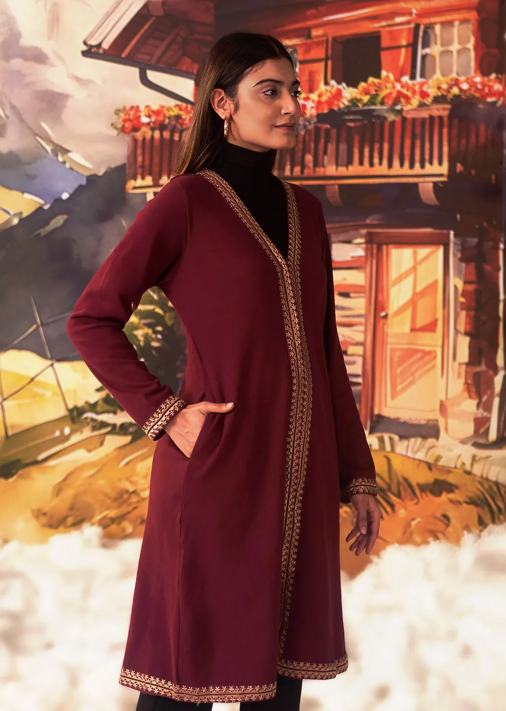 Jia Maroon Embroidered Brushed Wool Shrug for Women