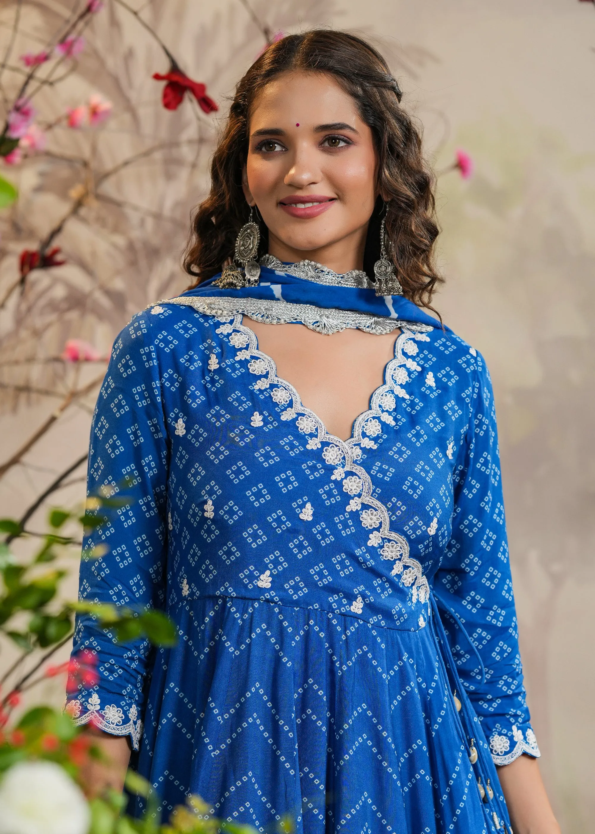 Kashika Blue Bandhej Angrakha Kurti With Pant & Dupatta