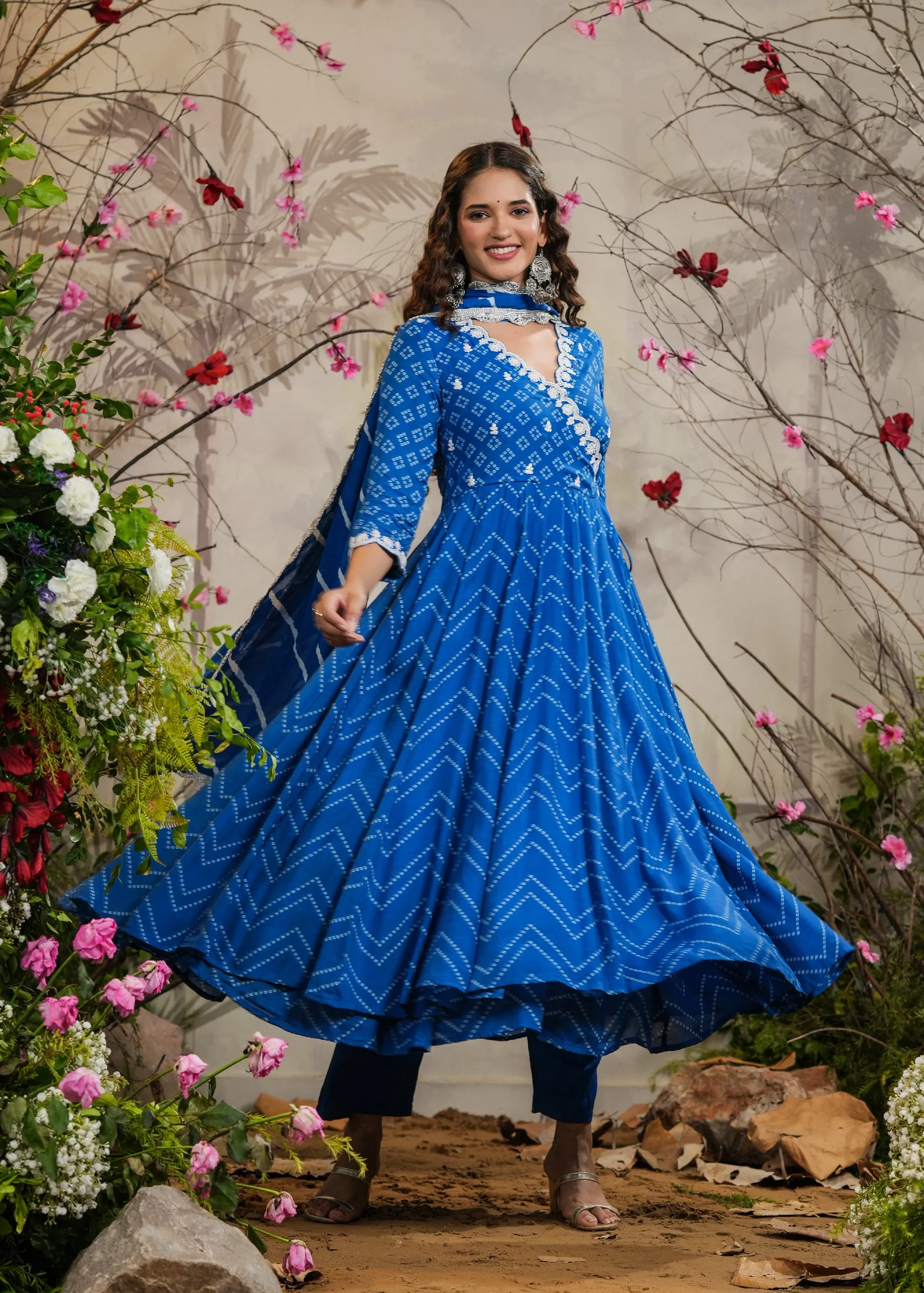 Kashika Blue Bandhej Angrakha Kurti With Pant & Dupatta