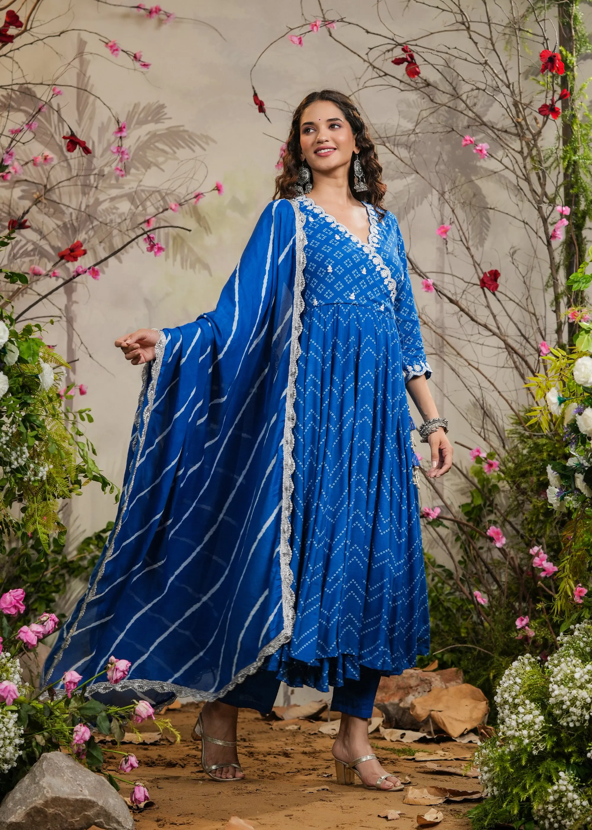 Kashika Blue Bandhej Angrakha Kurti With Pant & Dupatta