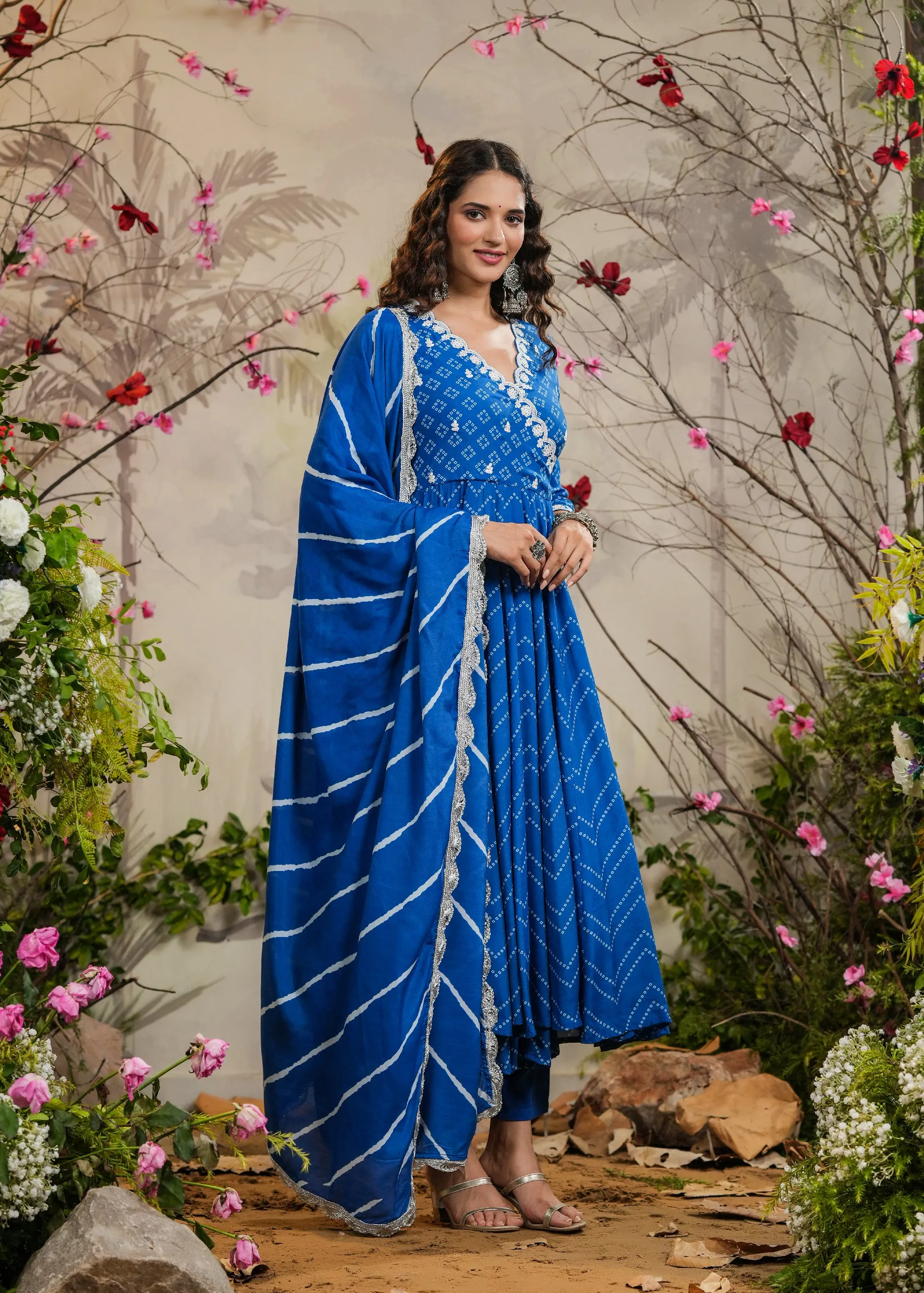 Kashika Blue Bandhej Angrakha Kurti With Pant & Dupatta