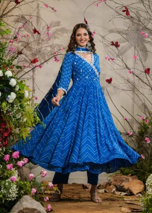 Kashika Blue Bandhej Angrakha Kurti With Pant & Dupatta