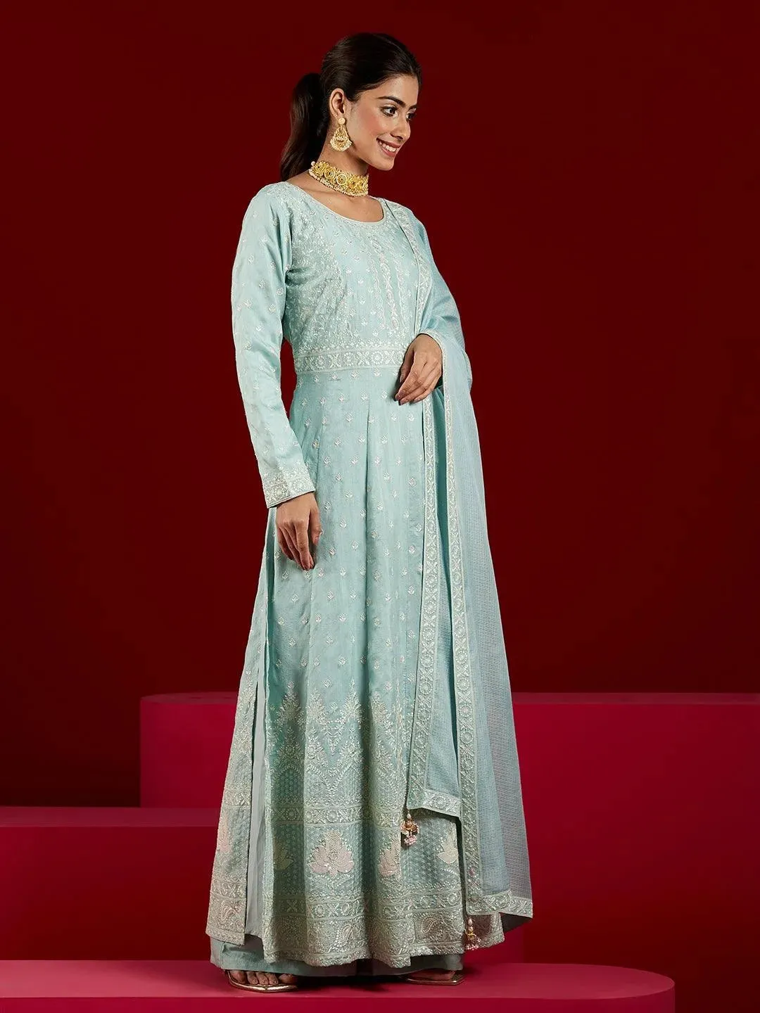 Libas Art Dusty Green Embroidered Silk A-Line Kurta With Palazzos & Dupatta