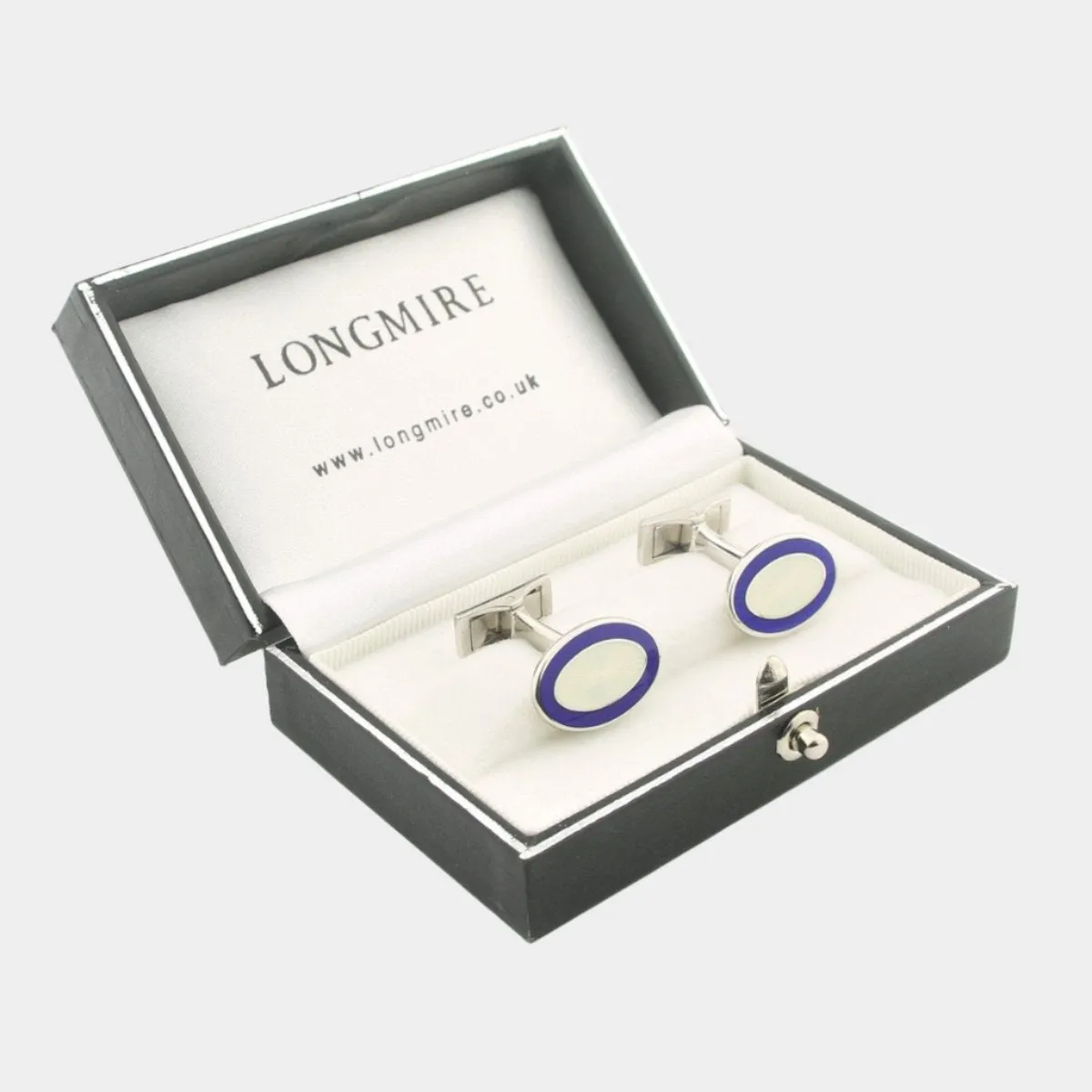 Longmire Sterling Silver Double Oval Blue & White Enamel Cufflinks with T-Bar