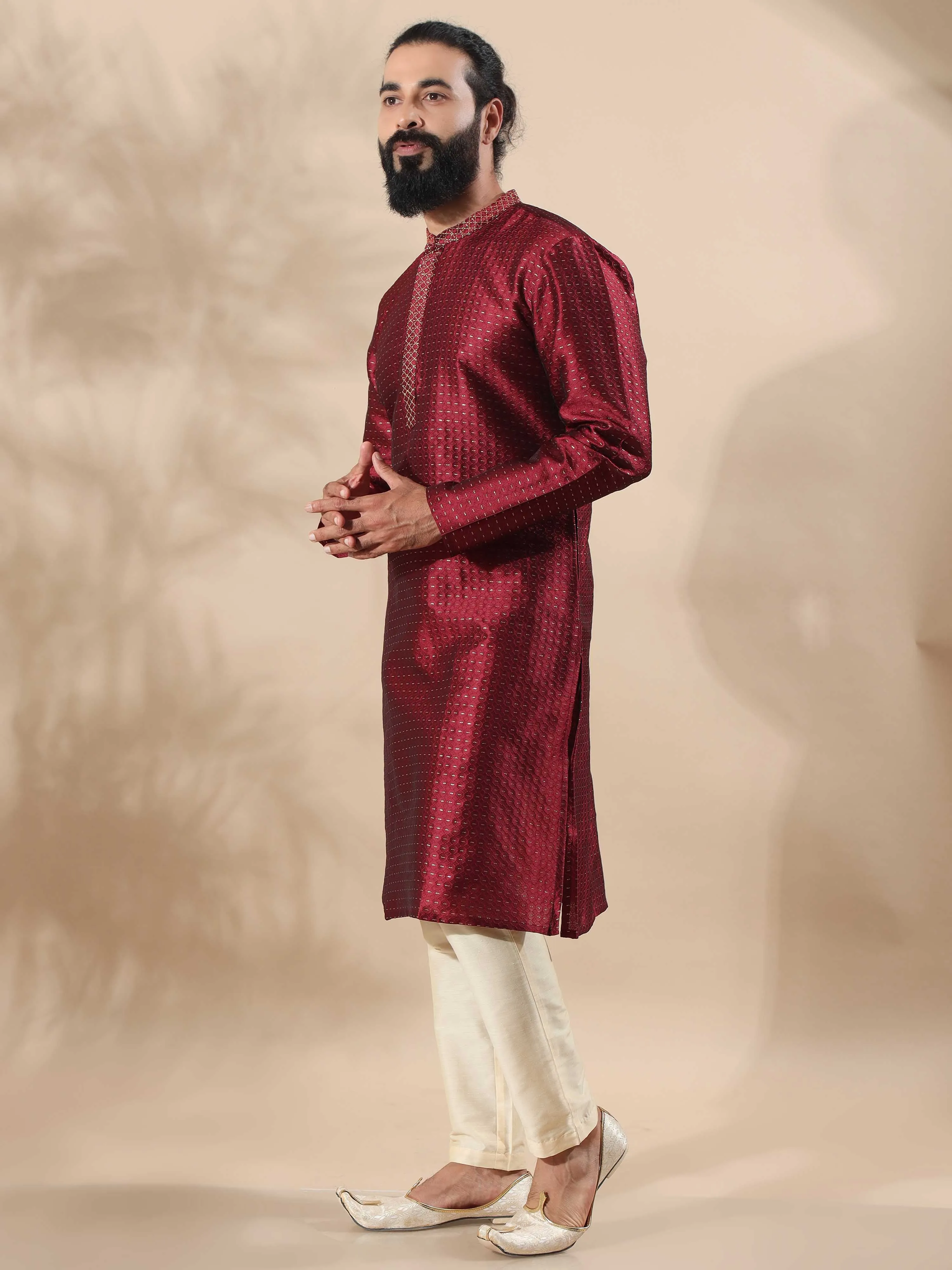 Maroon with Gold Embroidered Long Kurta