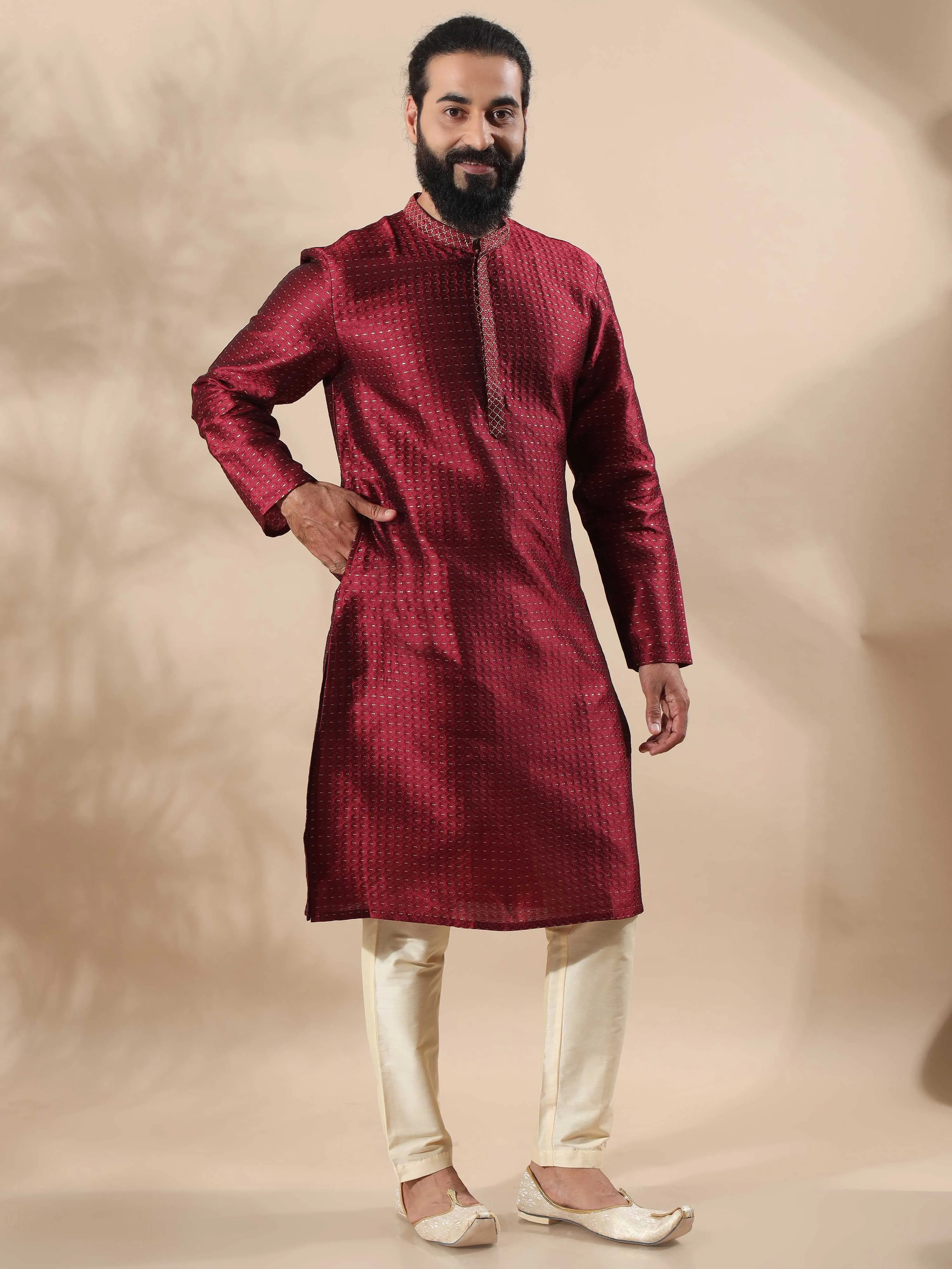 Maroon with Gold Embroidered Long Kurta