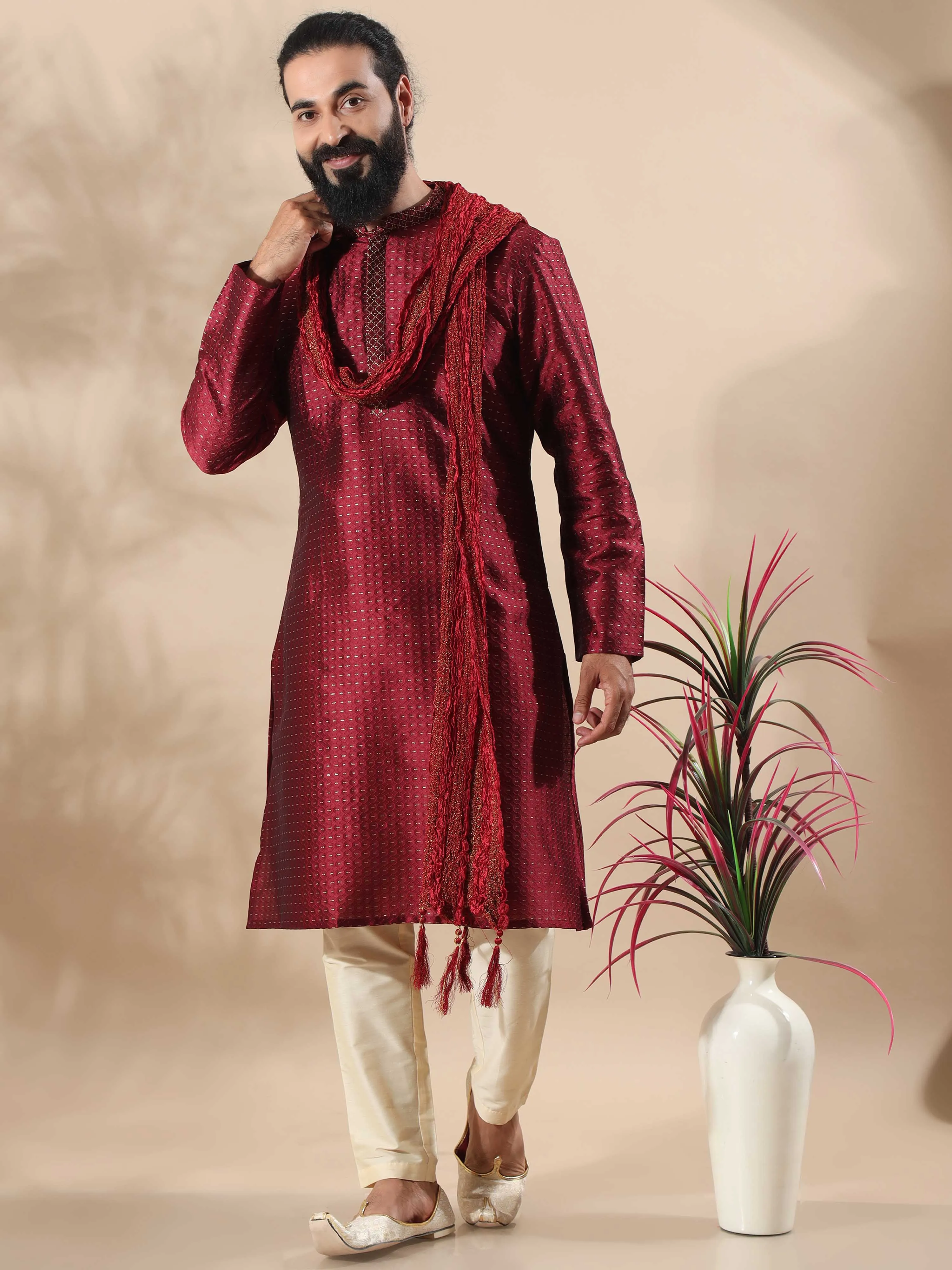 Maroon with Gold Embroidered Long Kurta