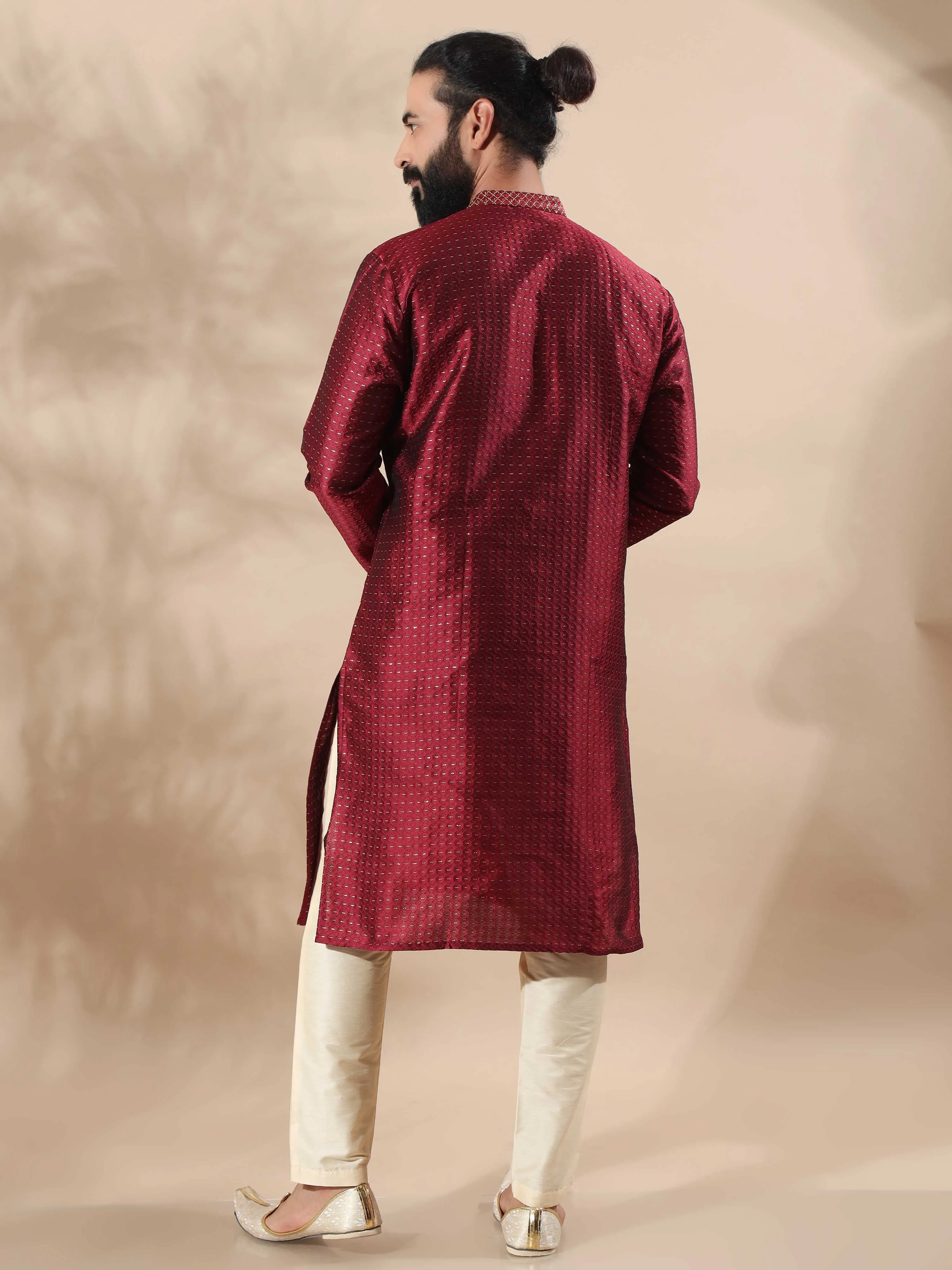 Maroon with Gold Embroidered Long Kurta