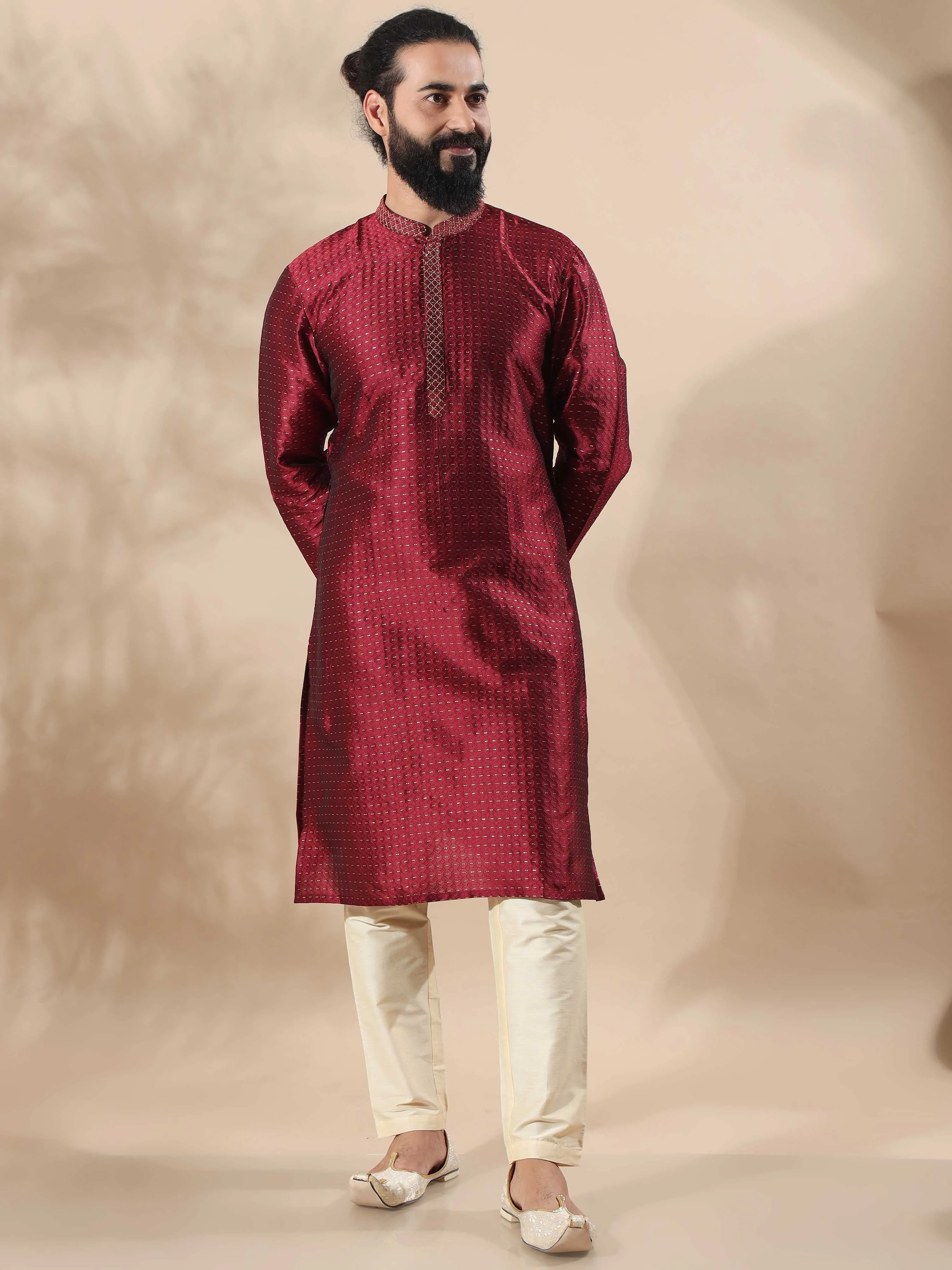 Maroon with Gold Embroidered Long Kurta