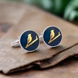 MarZthomson Botanic Series - Round Gold Sunbird Cufflinks in Dark Blue