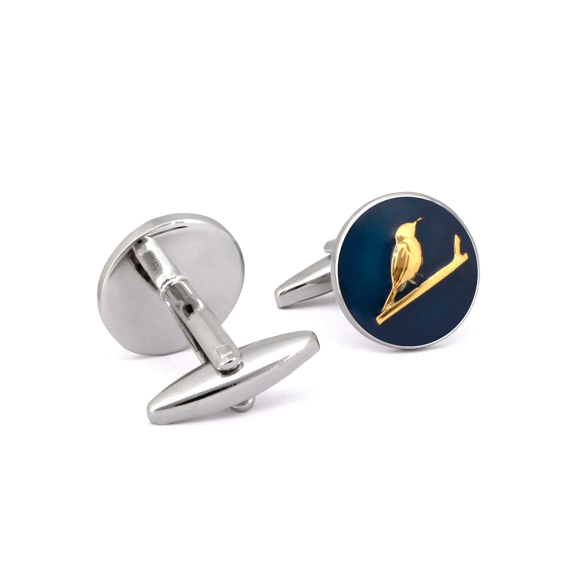 MarZthomson Botanic Series - Round Gold Sunbird Cufflinks in Dark Blue