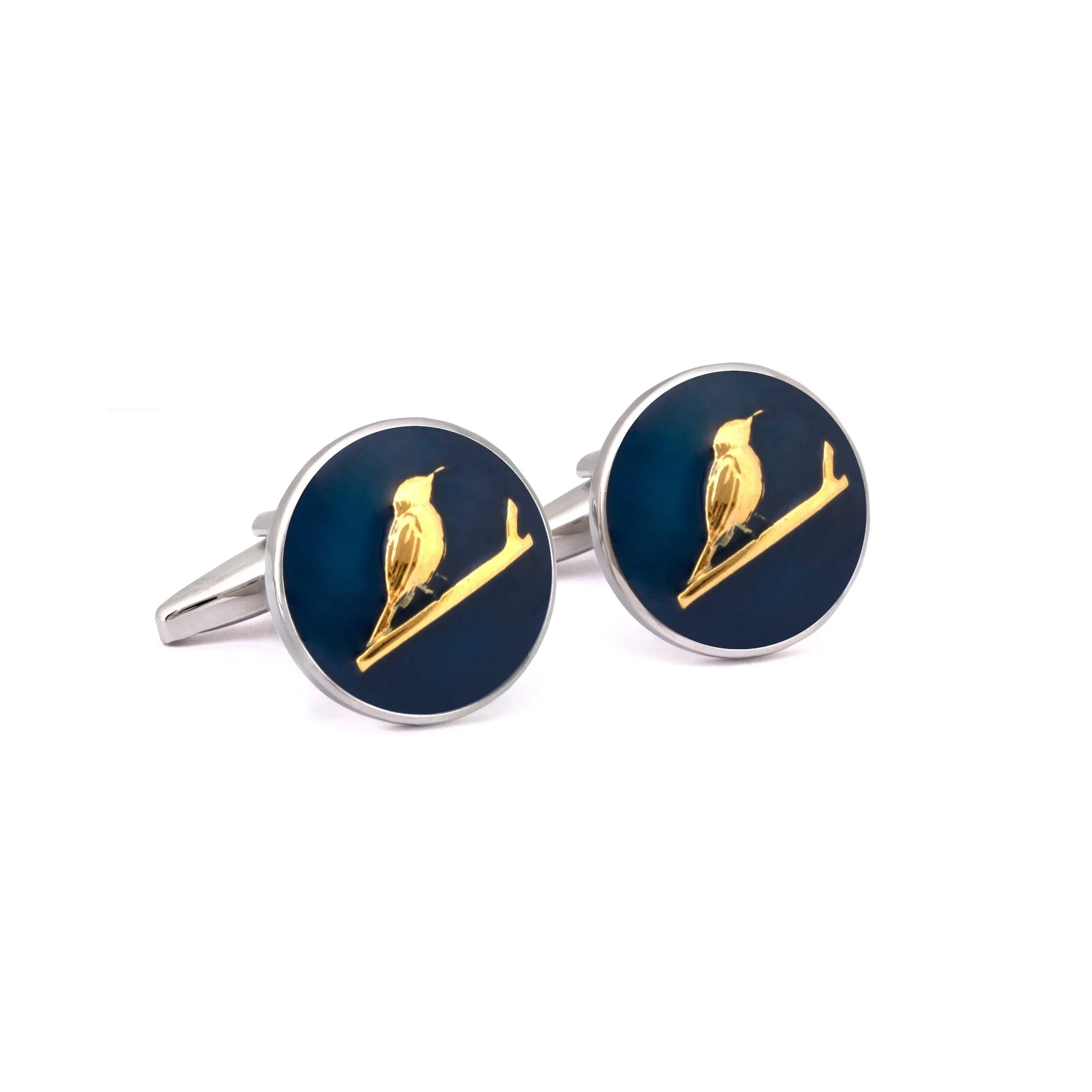 MarZthomson Botanic Series - Round Gold Sunbird Cufflinks in Dark Blue