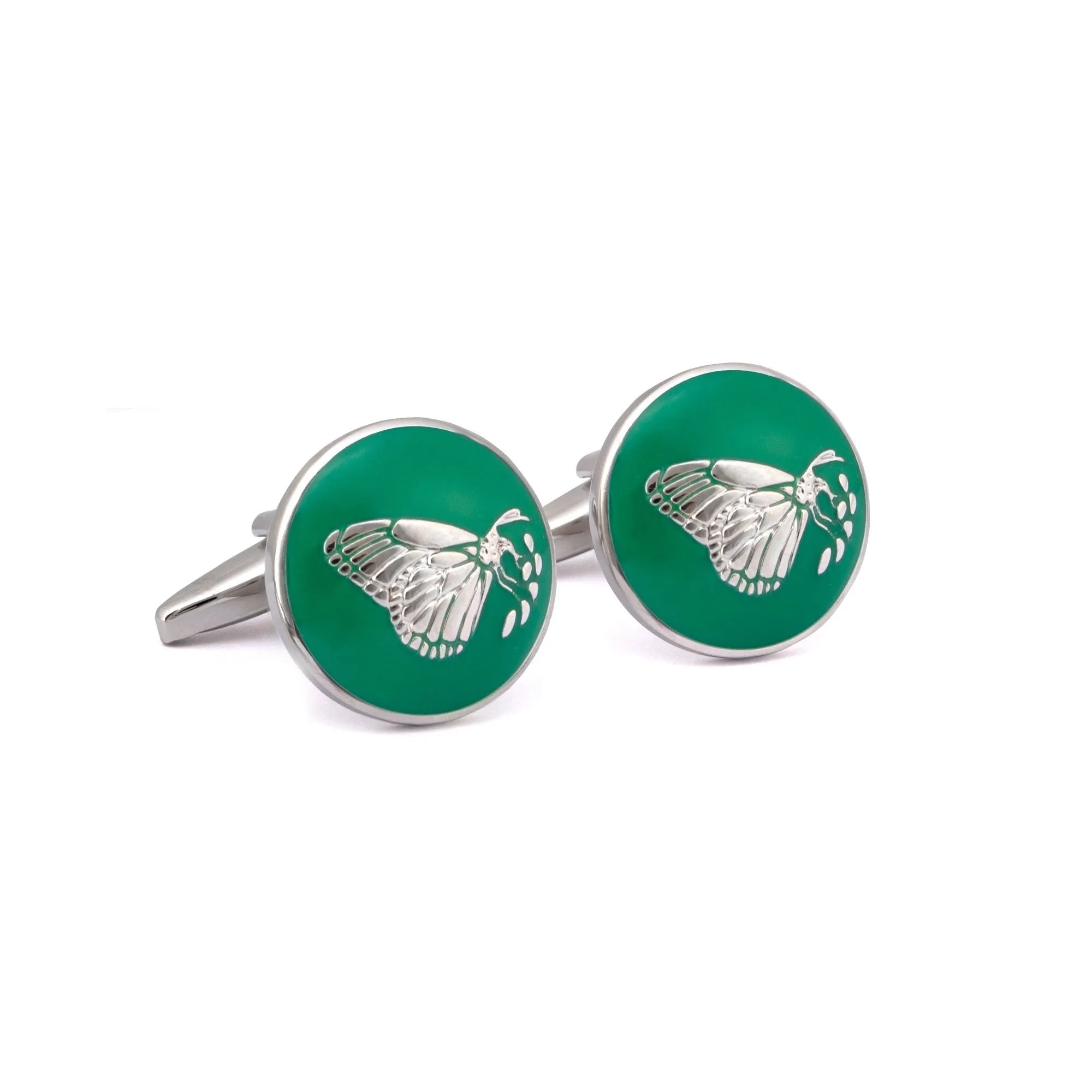 MarZthomson Botanic Series - Round Silver Butterfly Cufflinks in Green