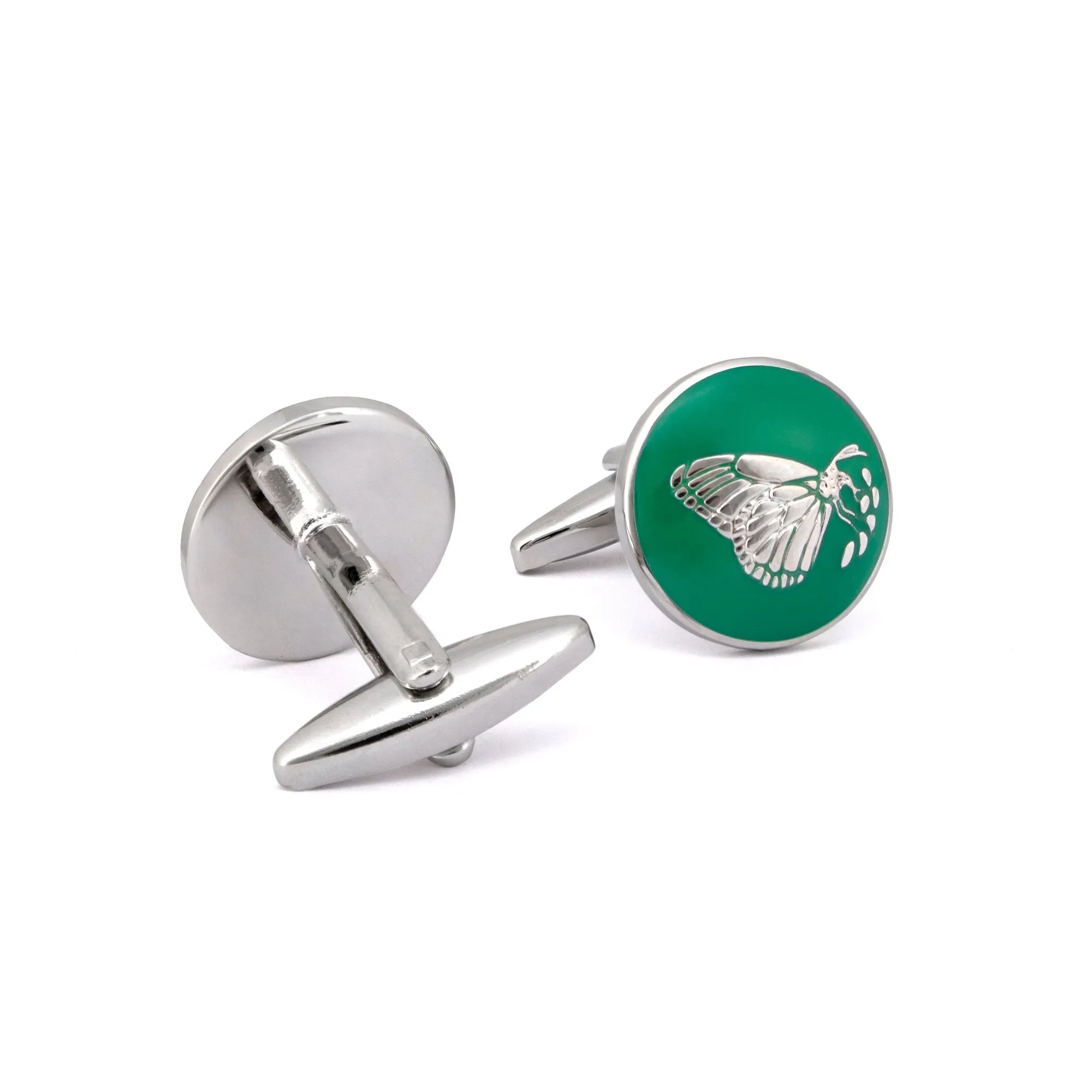 MarZthomson Botanic Series - Round Silver Butterfly Cufflinks in Green