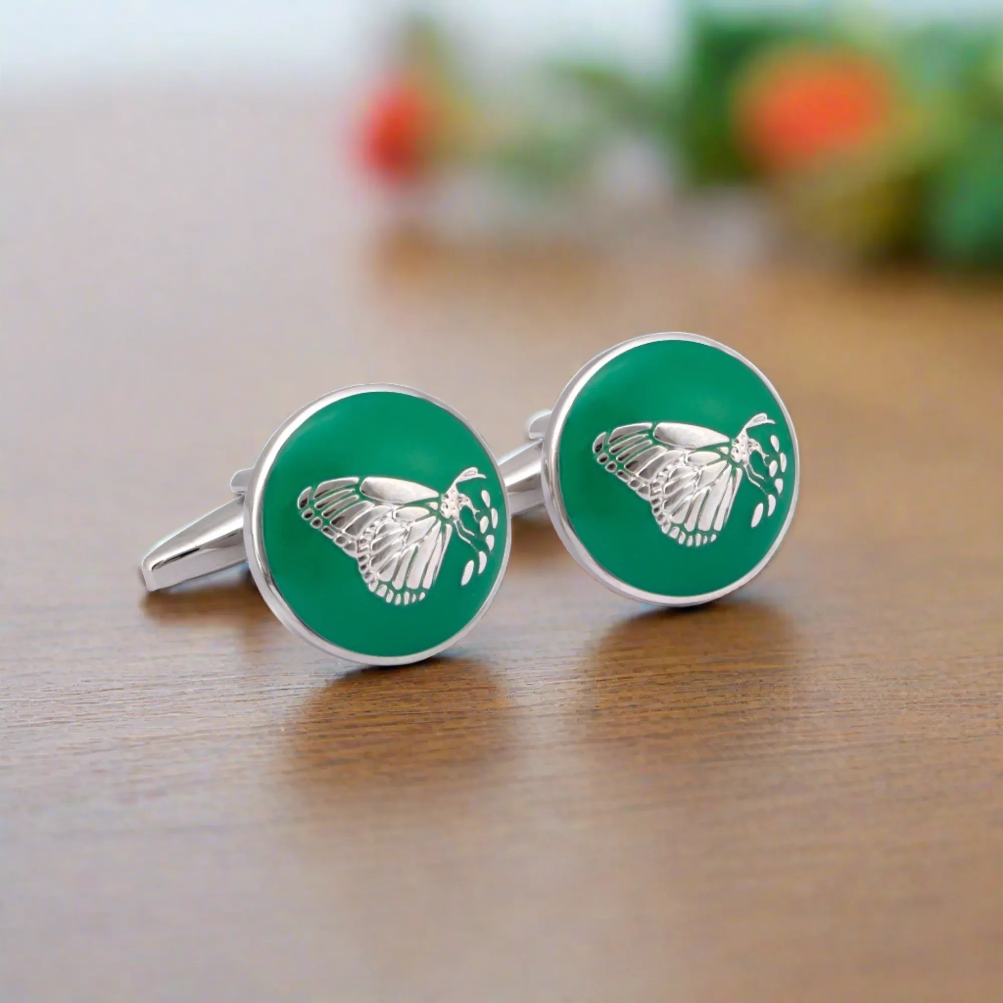 MarZthomson Botanic Series - Round Silver Butterfly Cufflinks in Green