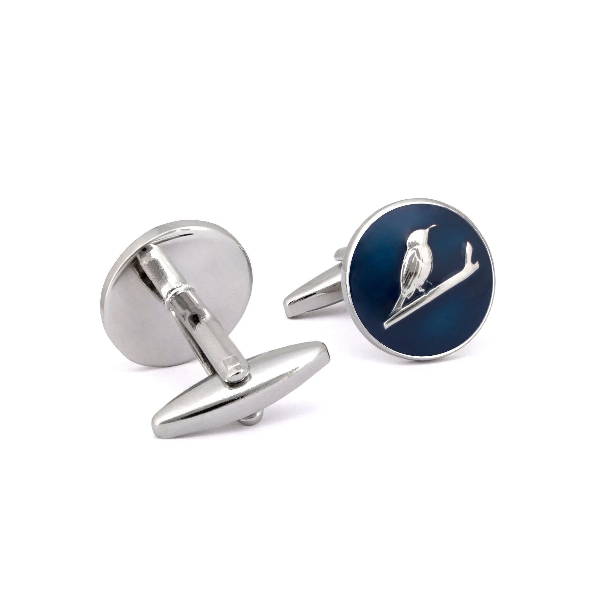 MarZthomson Botanic Series - Round Silver Sunbird Cufflinks in Dark Blue