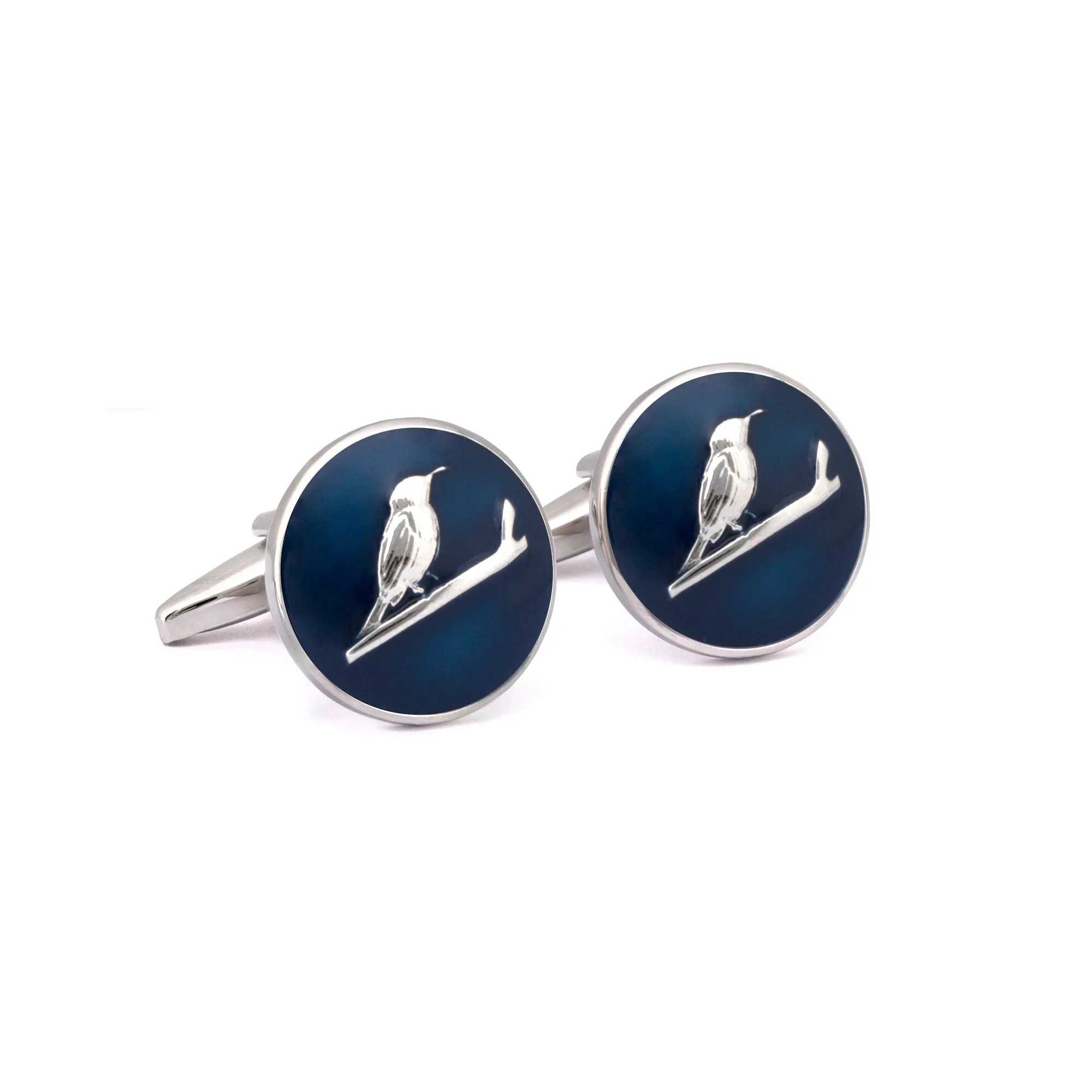 MarZthomson Botanic Series - Round Silver Sunbird Cufflinks in Dark Blue