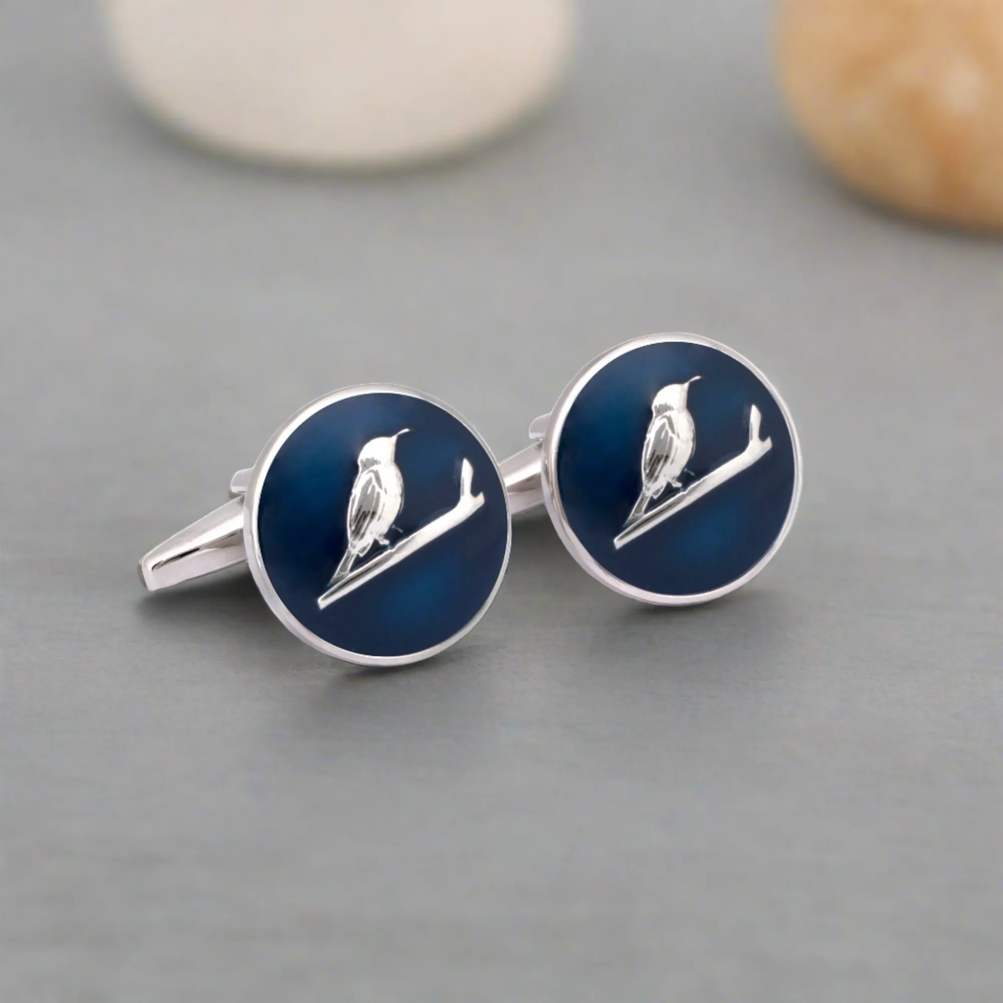 MarZthomson Botanic Series - Round Silver Sunbird Cufflinks in Dark Blue