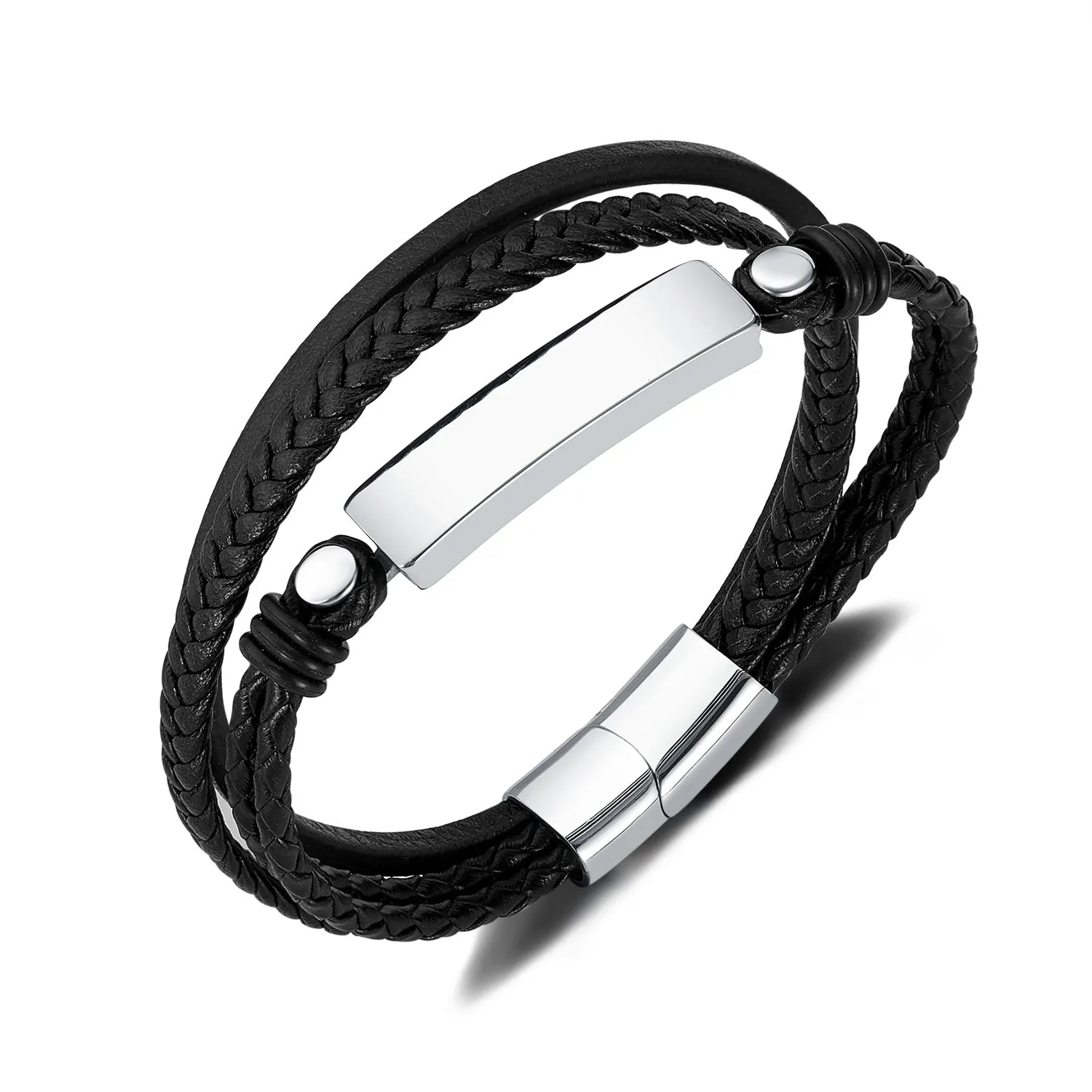 Men's Contemporary Leather Bracelet with Stainless Steel Accents - Sleek and Modern Accessory