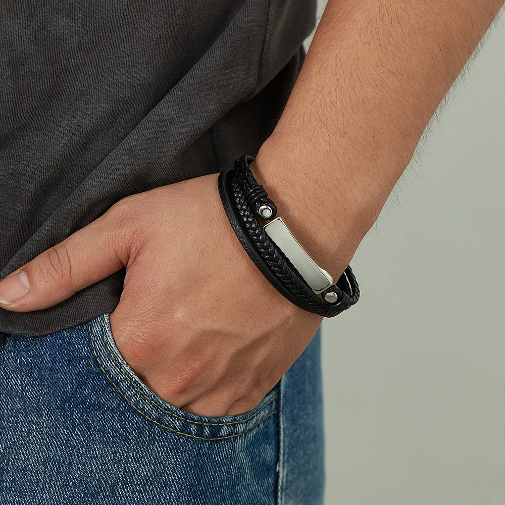 Men's Contemporary Leather Bracelet with Stainless Steel Accents - Sleek and Modern Accessory