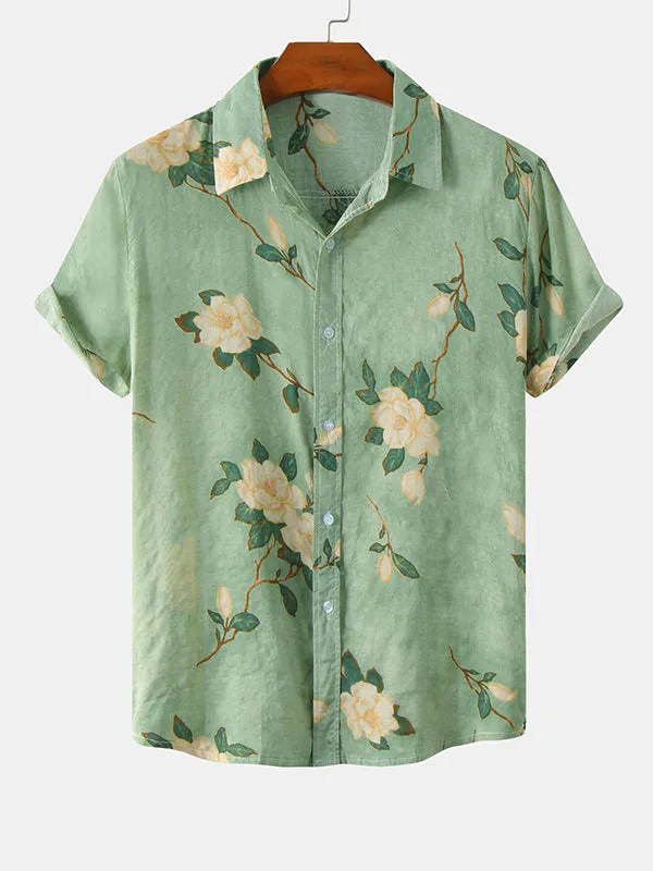 Men's Cotton Linen Printed Short Sleeve Shirt