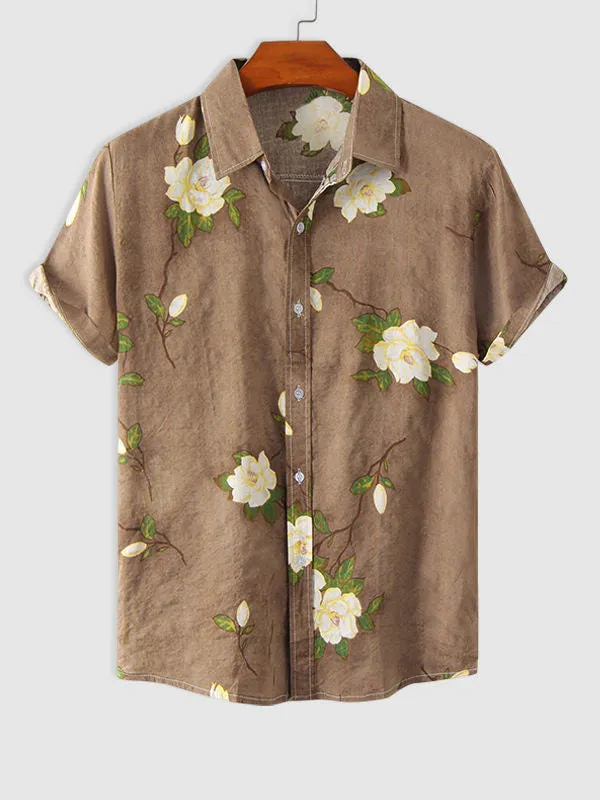 Men's Cotton Linen Printed Short Sleeve Shirt